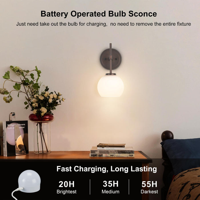 Oil Rubbed Bronze Wireless Rechargeable Wall Sconces Set of 2, Battery Operated Wall Lights with Remote Control, LED Dimmable Wall Lamp with Opal White Glass Shade, 12 Colors RGB & 3 CCT Bulb