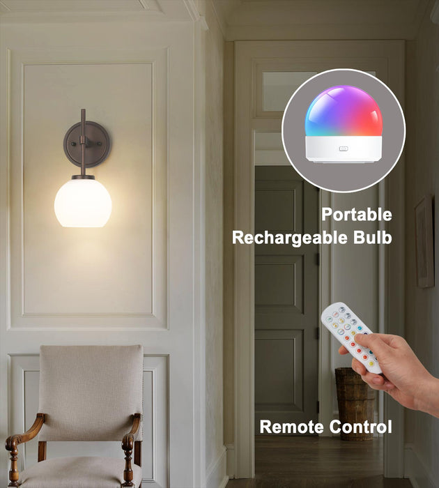 Oil Rubbed Bronze Wireless Rechargeable Wall Sconces Set of 2, Battery Operated Wall Lights with Remote Control, LED Dimmable Wall Lamp with Opal White Glass Shade, 12 Colors RGB & 3 CCT Bulb